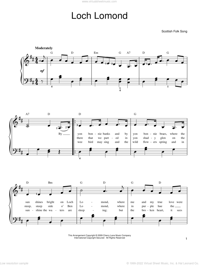Loch Lomond, (easy) sheet music for piano solo, easy skill level