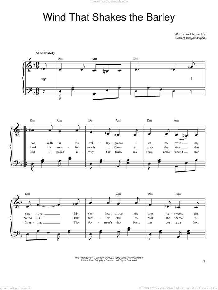 Wind That Shakes The Barley sheet music for piano solo by Robert Dwyer Joyce, easy skill level