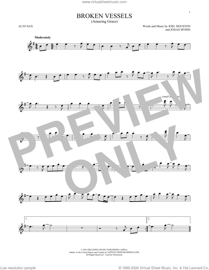 Broken Vessels (Amazing Grace) sheet music for alto saxophone solo by Hillsong Worship, Joel Houston and Jonas Myrin, intermediate skill level