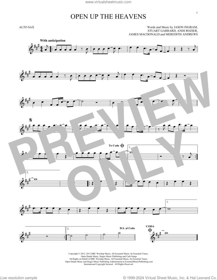 Open Up The Heavens sheet music for alto saxophone solo by Meredith Andrews, Andi Rozier, James MacDonald, Jason Ingram and Stuart Garrard, intermediate skill level