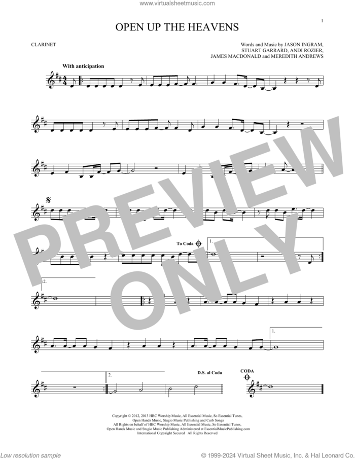 Open Up The Heavens sheet music for clarinet solo by Meredith Andrews, Andi Rozier, James MacDonald, Jason Ingram and Stuart Garrard, intermediate skill level