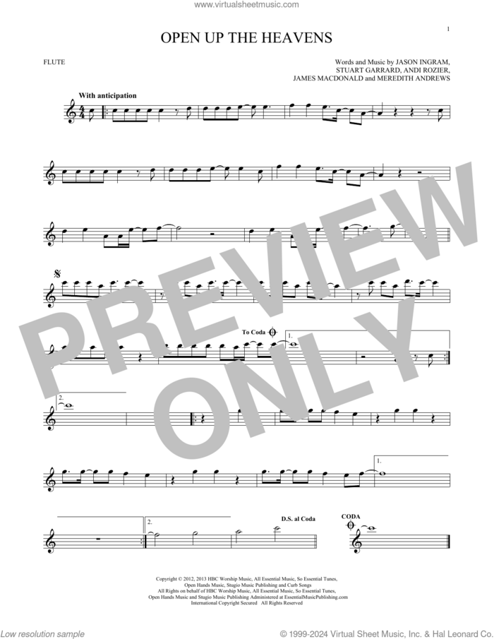 Open Up The Heavens sheet music for flute solo by Meredith Andrews, Andi Rozier, James MacDonald, Jason Ingram and Stuart Garrard, intermediate skill level