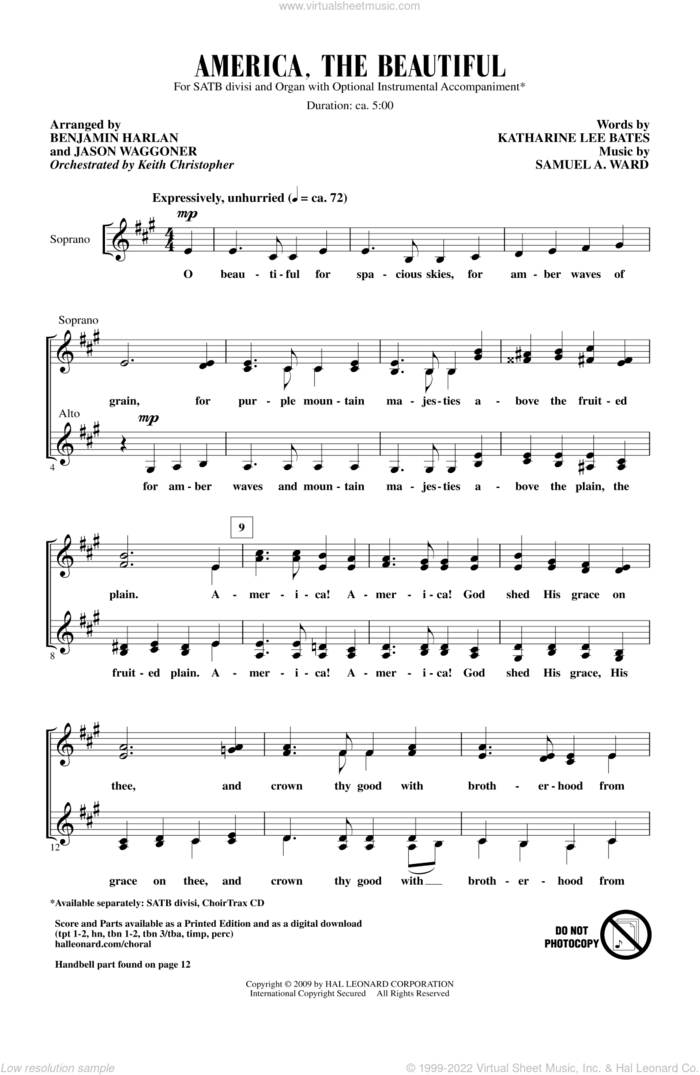 America, The Beautiful sheet music for choir (SATB: soprano, alto, tenor, bass) by Samuel Augustus Ward, Katherine Lee Bates, Benjamin Harlan and Jason Waggoner, intermediate skill level