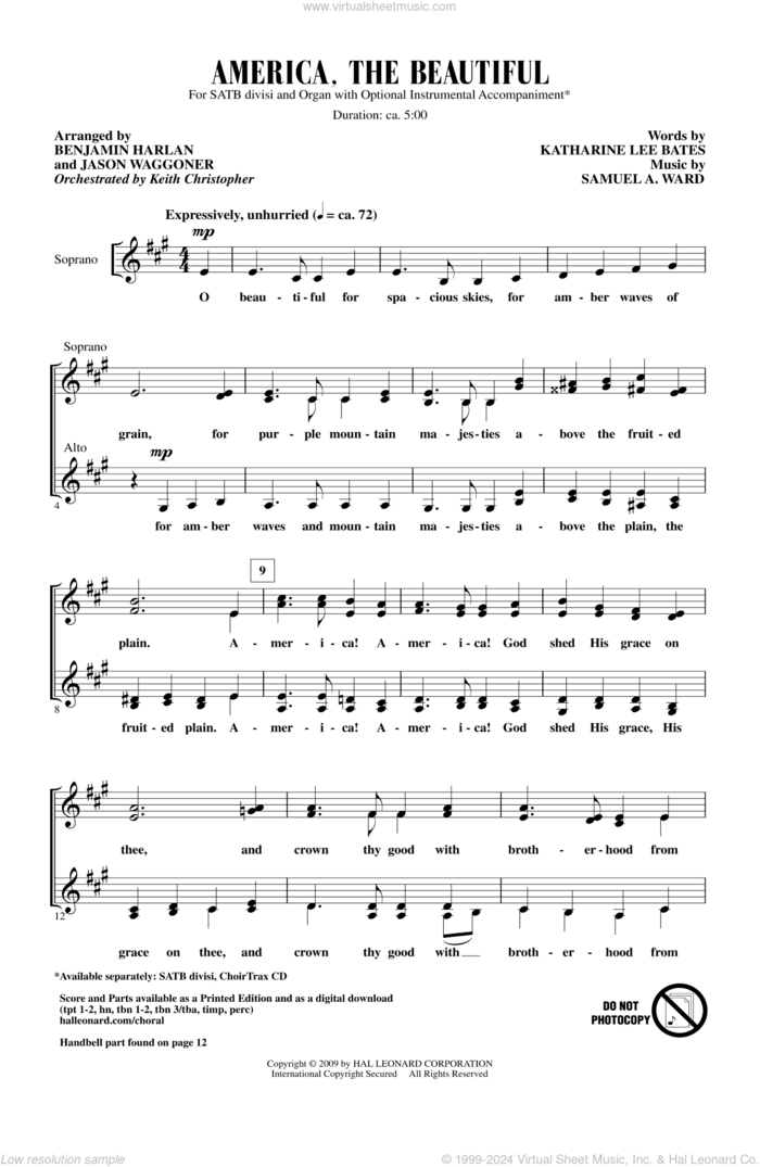 America, The Beautiful sheet music for choir (SATB: soprano, alto, tenor, bass) by Samuel Augustus Ward, Katherine Lee Bates, Benjamin Harlan and Jason Waggoner, intermediate skill level