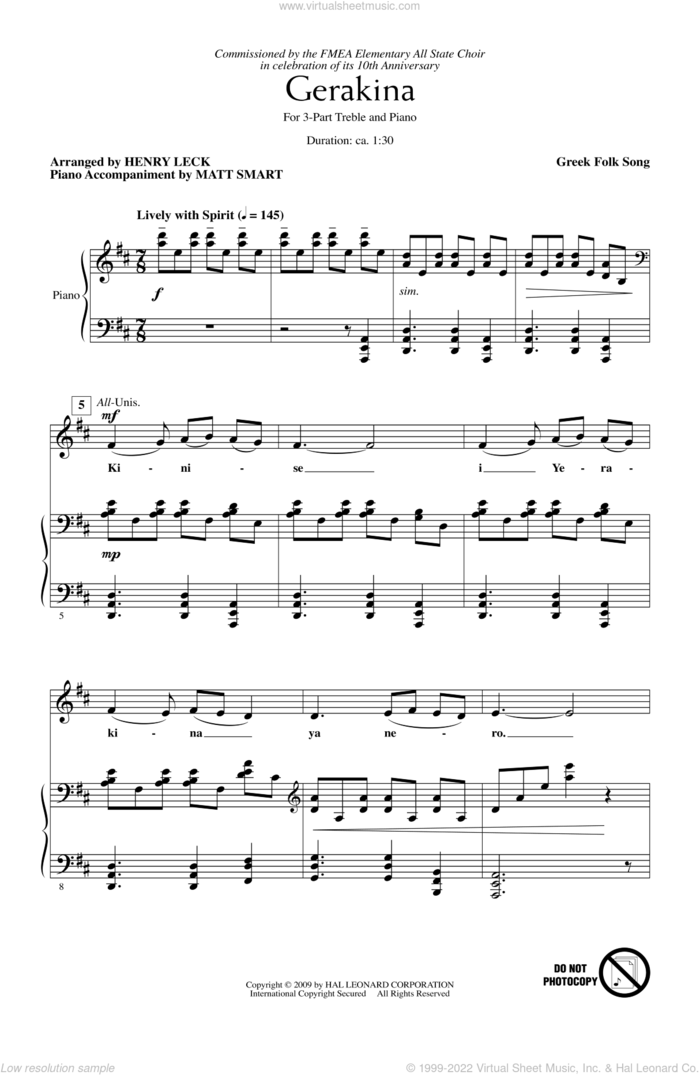 Gerakina sheet music for choir (3-Part Treble) by Henry Leck and Miscellaneous, intermediate skill level