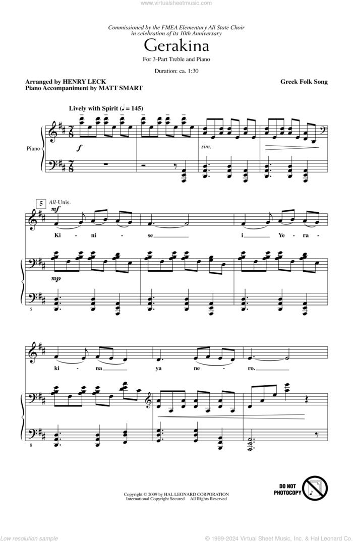 Gerakina sheet music for choir (3-Part Treble) by Henry Leck and Miscellaneous, intermediate skill level