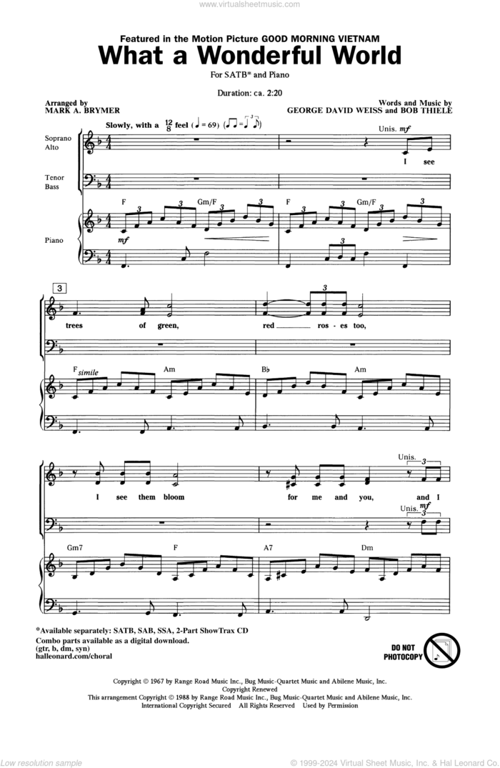 What A Wonderful World sheet music for choir (SATB: soprano, alto, tenor, bass) by George David Weiss, Bob Thiele, Louis Armstrong and Mark Brymer, intermediate skill level