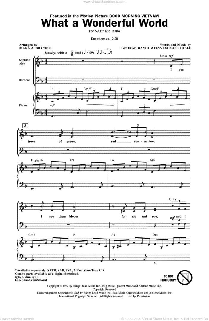 What A Wonderful World (arr. Mark Brymer) sheet music for choir (SAB: soprano, alto, bass) by George David Weiss, Bob Thiele, Louis Armstrong and Mark Brymer, intermediate skill level