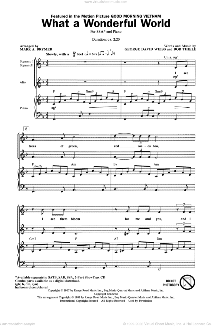 What A Wonderful World (arr. Mark Brymer) sheet music for choir (SSA: soprano, alto) by George David Weiss, Bob Thiele, Louis Armstrong and Mark Brymer, intermediate skill level