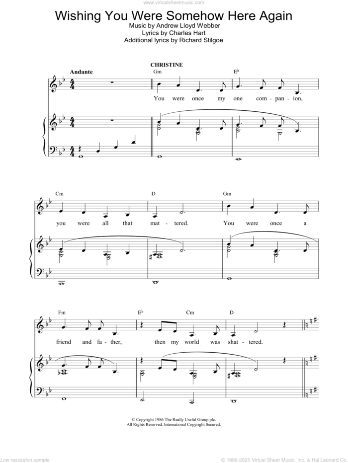 Wishing You Were Somehow Here Again (from The Phantom Of The Opera) sheet music for voice, piano or guitar by Andrew Lloyd Webber, The Phantom Of The Opera (Musical), Charles Hart and Richard Stilgoe, intermediate skill level