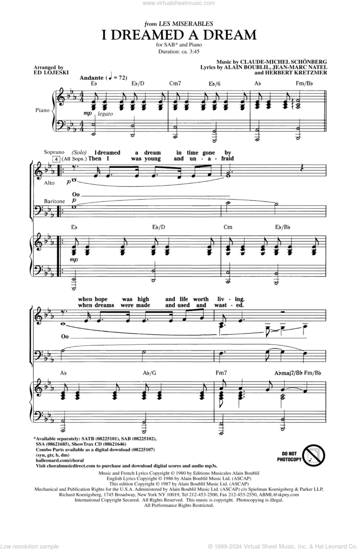 I Dreamed A Dream (from Les Miserables) (arr. Ed Lojeski) sheet music for choir (SAB: soprano, alto, bass) by Alain Boublil, Claude-Michel Schonberg, Herbert Kretzmer, Jean-Marc Natel, Boublil and Schonberg and Ed Lojeski, intermediate skill level