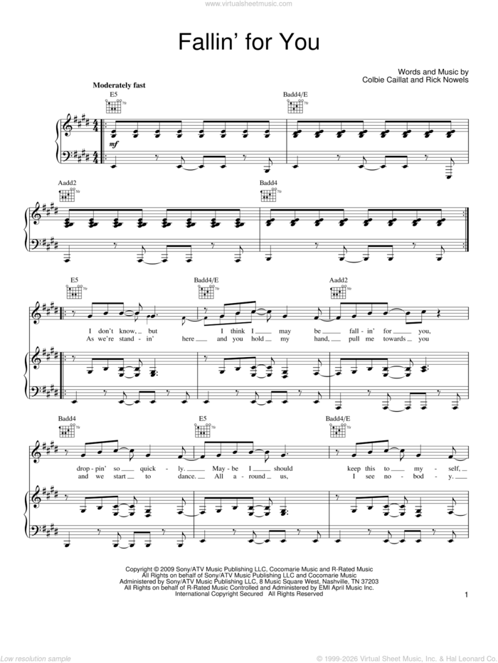 Fallin' For You sheet music for voice, piano or guitar by Colbie Caillat and Rick Nowels, intermediate skill level