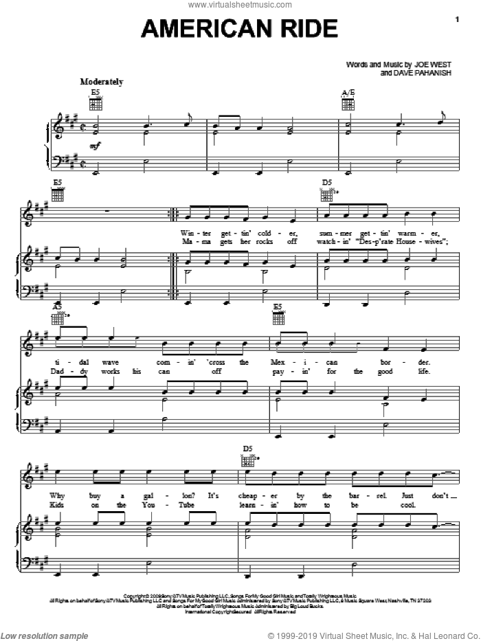 American Ride sheet music for voice, piano or guitar by Toby Keith, Dave Pahanish and Joe West, intermediate skill level
