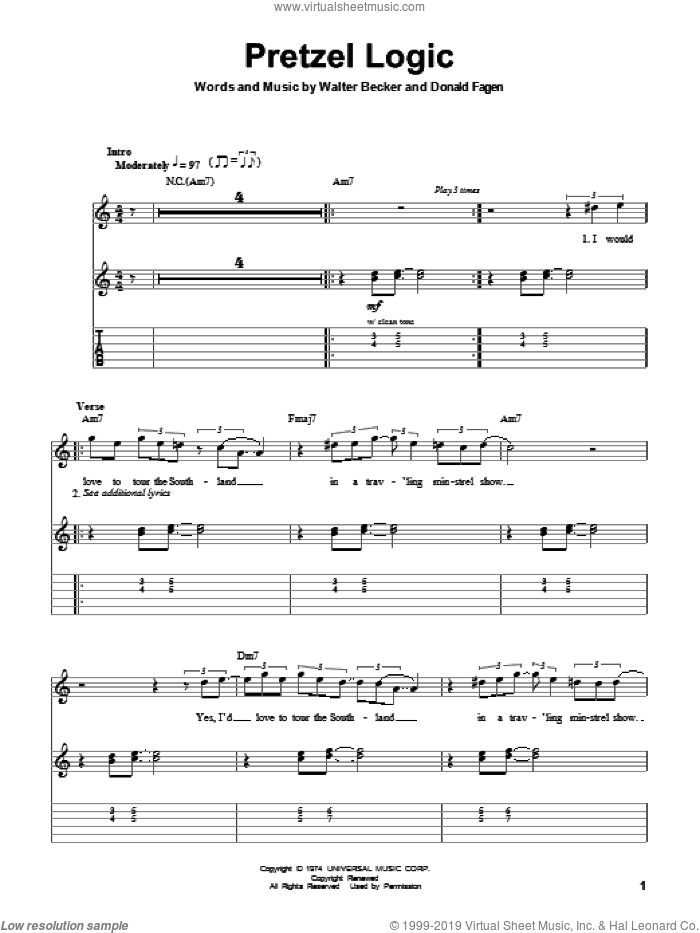 Pretzel Logic sheet music for guitar (tablature, play-along) by Steely Dan, Donald Fagen and Walter Becker, intermediate skill level
