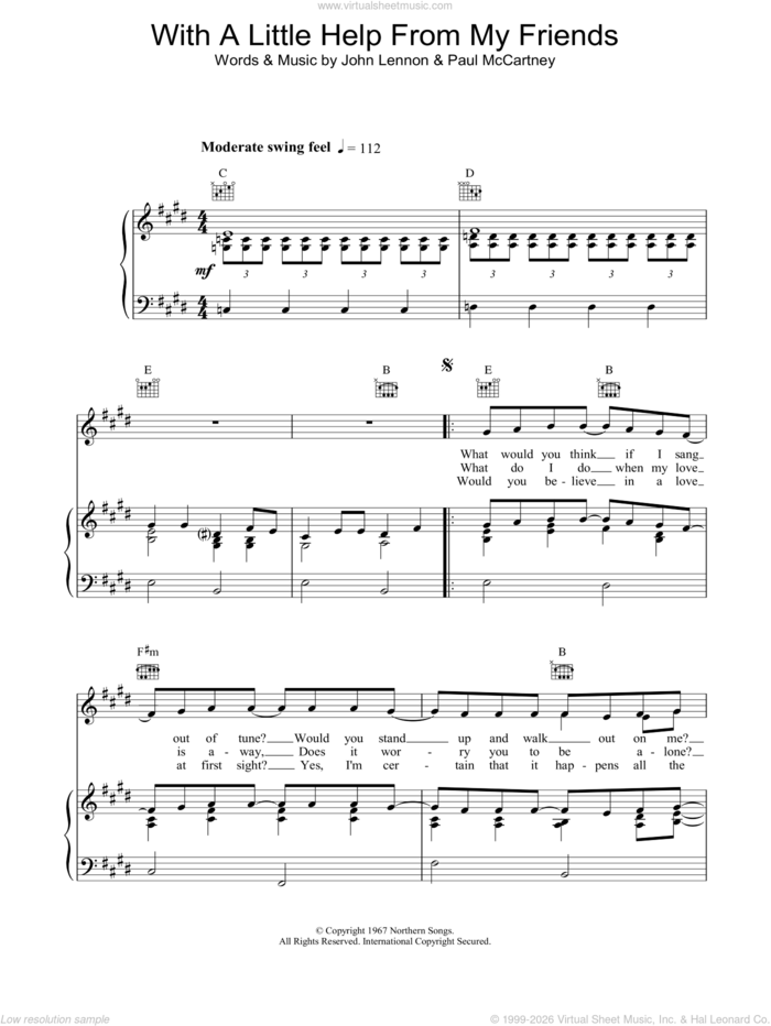 With A Little Help From My Friends sheet music for voice, piano or guitar by The Beatles, intermediate skill level