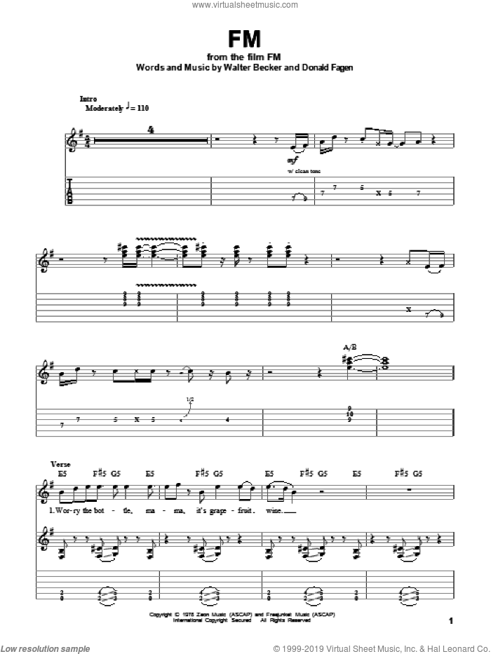 FM sheet music for guitar (tablature, play-along) by Steely Dan, Donald Fagen and Walter Becker, intermediate skill level