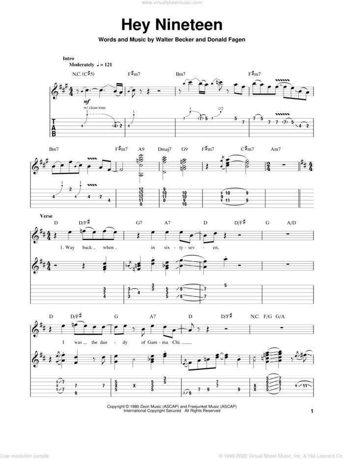 Hey Nineteen sheet music for guitar (tablature, play-along) by Steely Dan, Donald Fagen and Walter Becker, intermediate skill level
