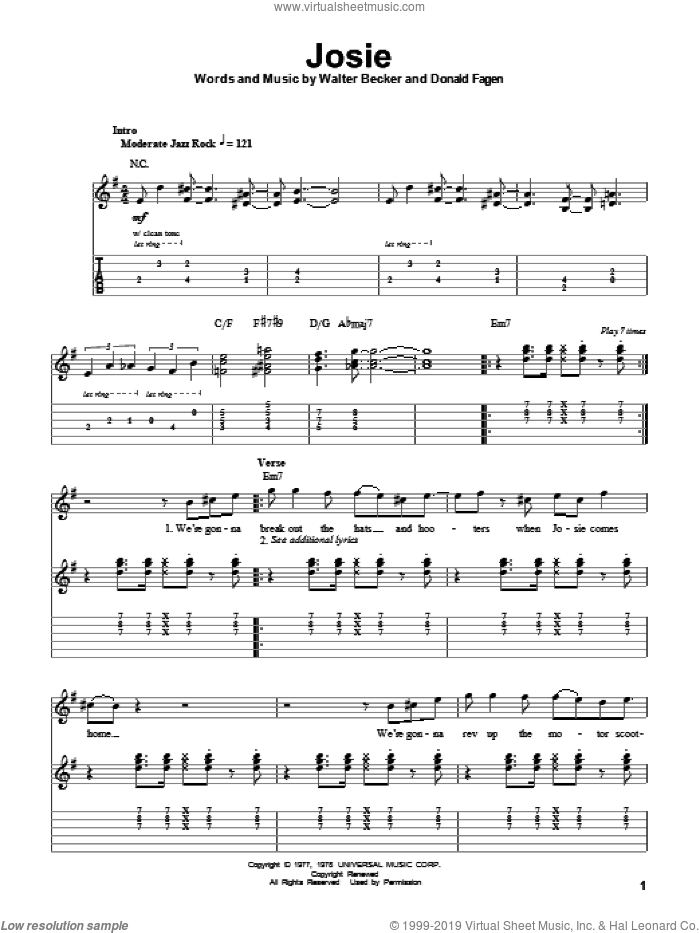 Josie sheet music for guitar (tablature, play-along) by Steely Dan, Donald Fagen and Walter Becker, intermediate skill level