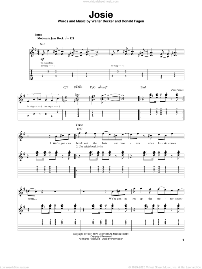 Josie sheet music for guitar (tablature, play-along) by Steely Dan, Donald Fagen and Walter Becker, intermediate skill level