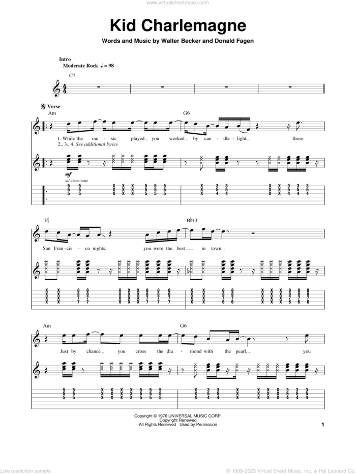 Kid Charlemagne sheet music for guitar (tablature, play-along) by Steely Dan, Donald Fagen and Walter Becker, intermediate skill level