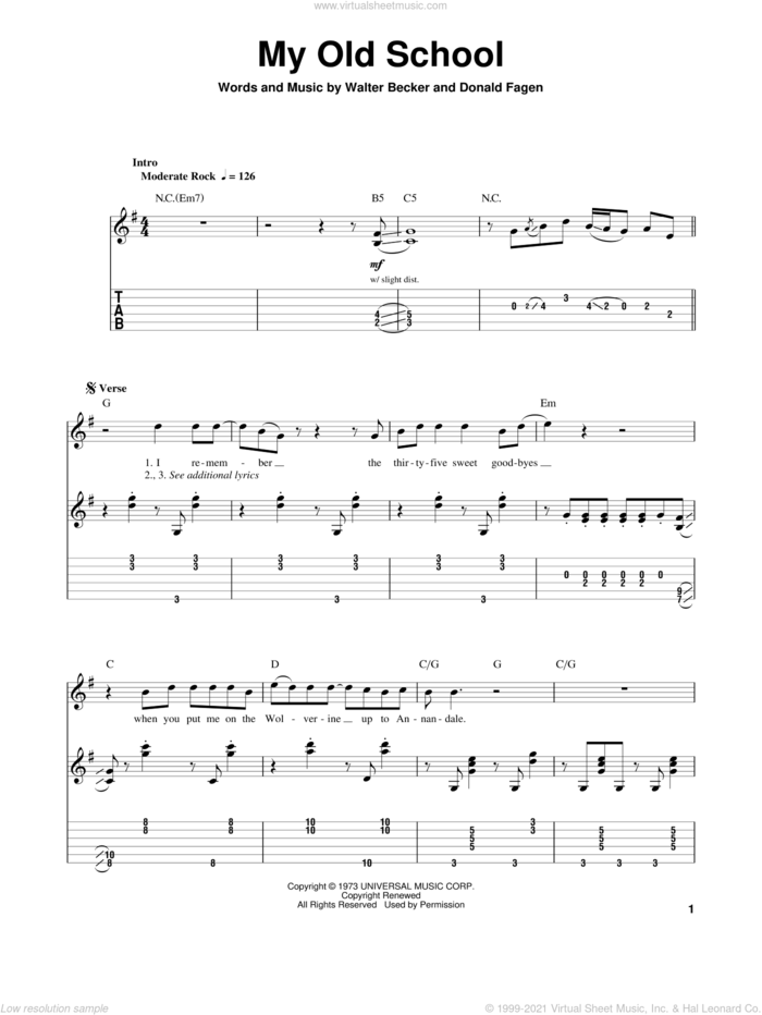 My Old School sheet music for guitar (tablature, play-along) by Steely Dan, Donald Fagen and Walter Becker, intermediate skill level