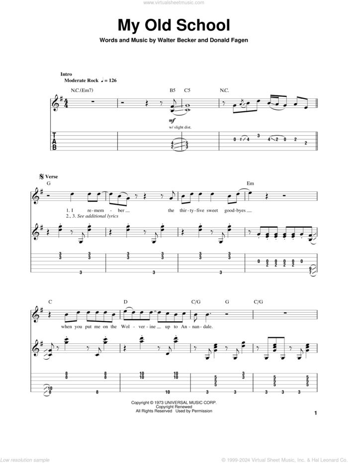 My Old School sheet music for guitar (tablature, play-along) by Steely Dan, Donald Fagen and Walter Becker, intermediate skill level