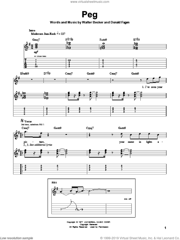 Peg sheet music for guitar (tablature, play-along) by Steely Dan, Donald Fagen and Walter Becker, intermediate skill level
