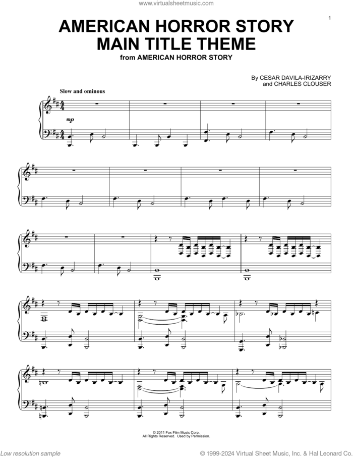 American Horror Story (Main Title Theme) sheet music for piano solo by Cesar Davila-Irizarry and Charles Clouser, intermediate skill level