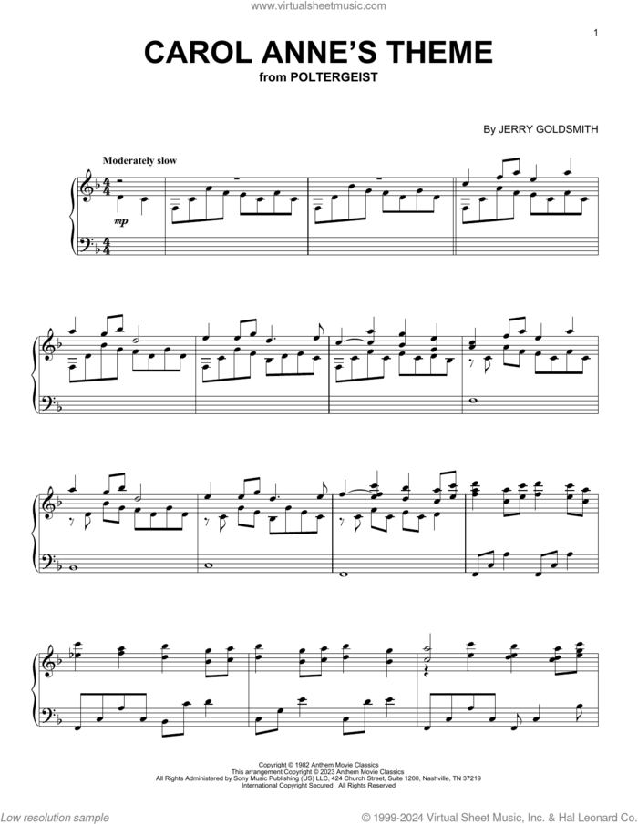 Carol Anne's Theme (from Poltergeist) sheet music for piano solo by Jerry Goldsmith, intermediate skill level