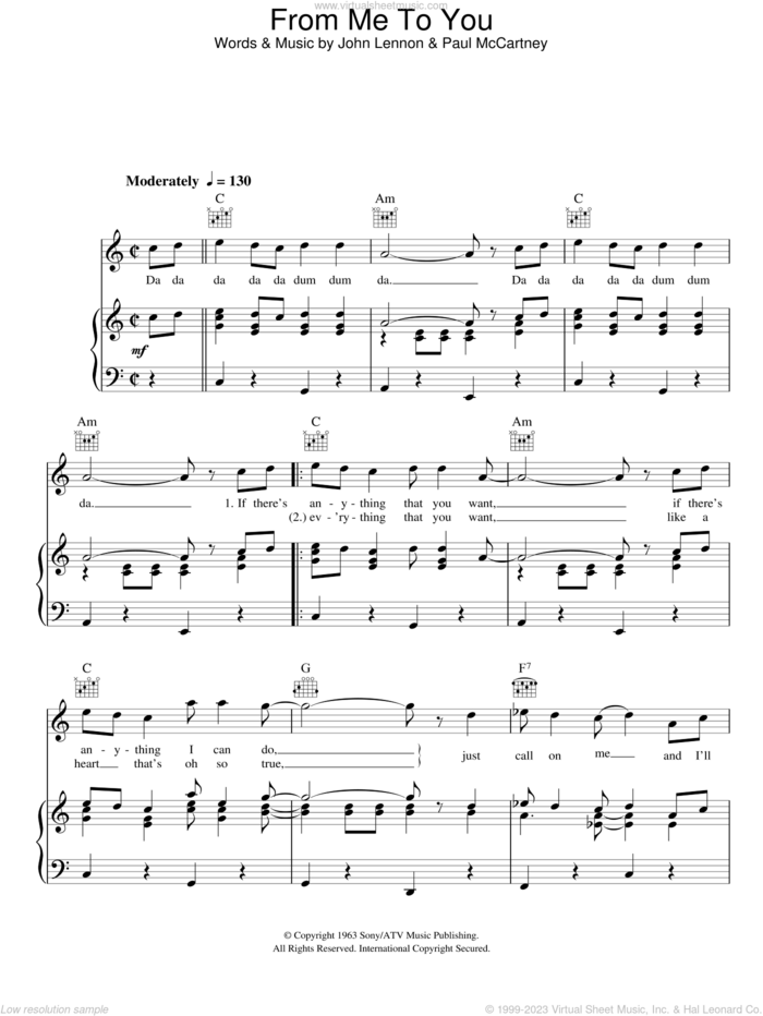 From Me To You sheet music for voice, piano or guitar by The Beatles, intermediate skill level