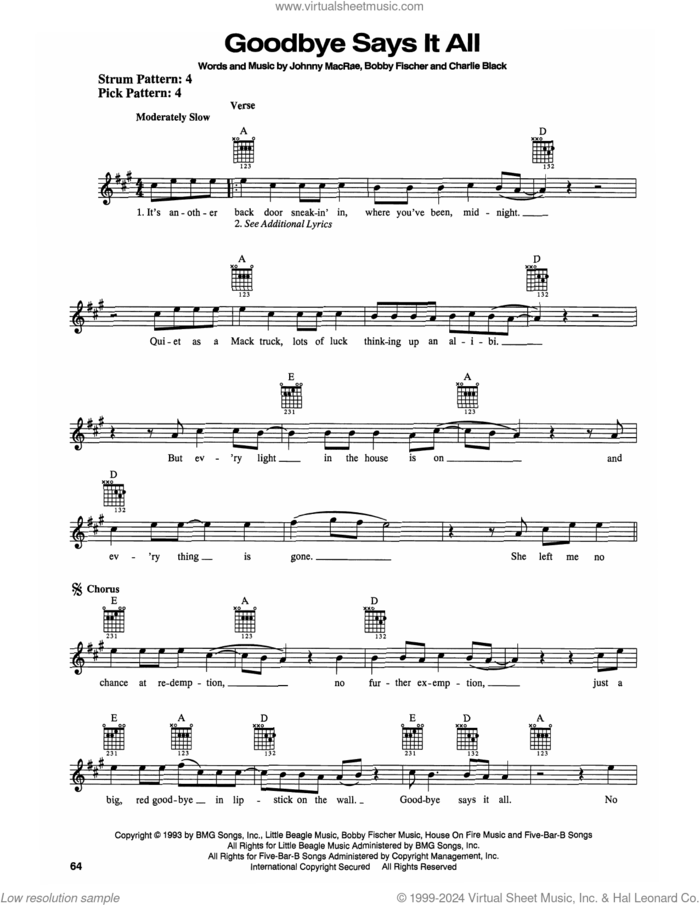 Goodbye Says It All sheet music for guitar solo (chords) by Blackhawk, Bobby Fischer, Charlie Black and Johnny MacRae, easy guitar (chords)
