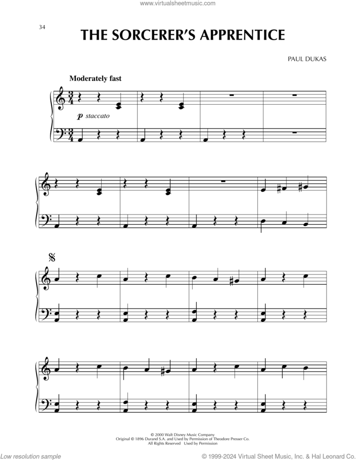 The Sorcerer's Apprentice (from Fantasia 2000) sheet music for piano solo by Paul Dukas, classical score, easy skill level