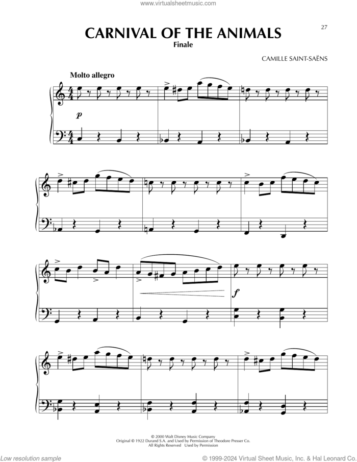 Carnival Of The Animals (from Fantasia 2000), (easy) (from Fantasia 2000) sheet music for piano solo by Camille Saint-Saens, classical score, easy skill level