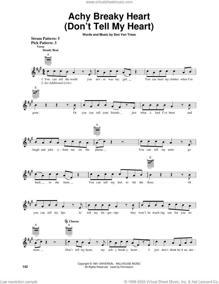 Achy Breaky Heart (Don't Tell My Heart) sheet music for guitar solo (chords) by Billy Ray Cyrus and Don Von Tress, easy guitar (chords)