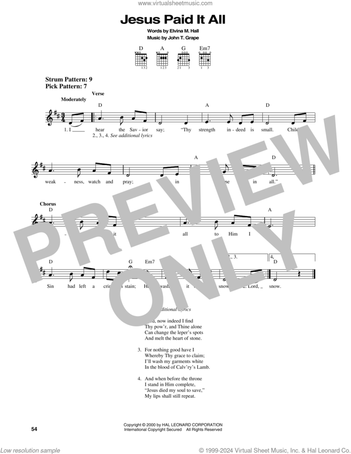Jesus Paid It All sheet music for guitar solo (chords) by Elvina M. Hall and John T. Grape, easy guitar (chords)