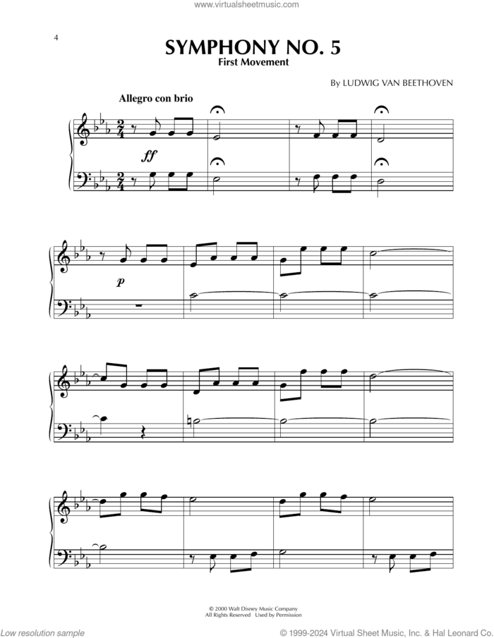 Symphony No. 5, Movement 1 (from Fantasia 2000) sheet music for piano solo by Ludwig van Beethoven, classical score, easy skill level
