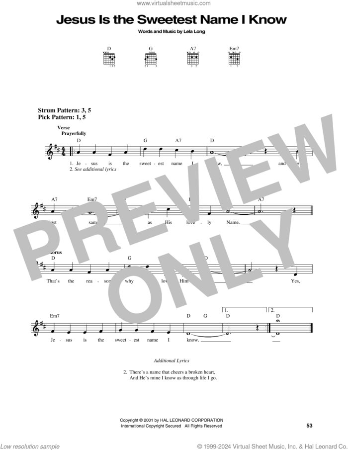 Jesus Is The Sweetest Name I Know sheet music for guitar solo (chords) by Lela Long, easy guitar (chords)