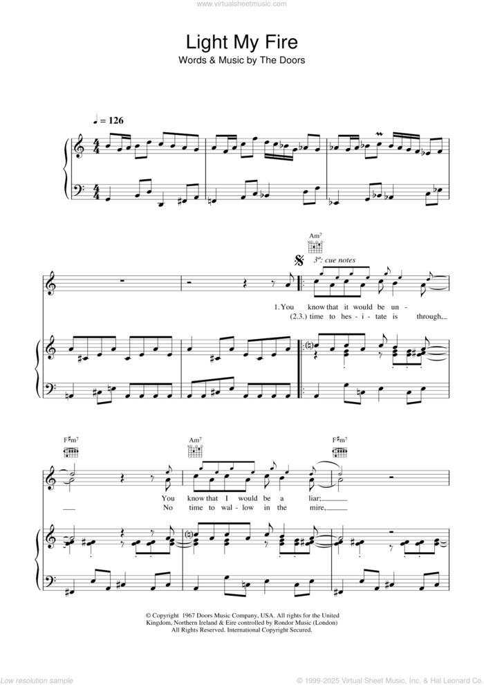 Light My Fire sheet music for voice, piano or guitar by The Doors, intermediate skill level