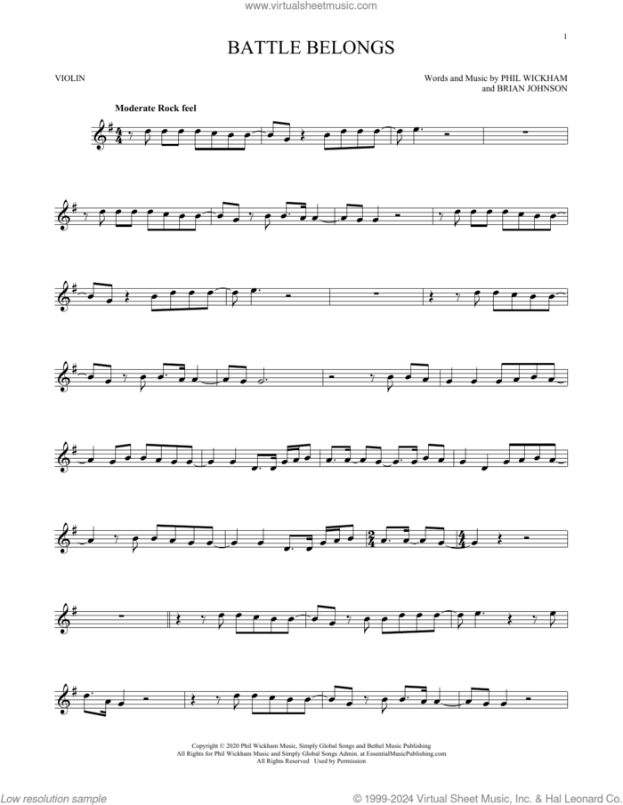 Battle Belongs sheet music for violin solo by Phil Wickham and Brian Johnson, intermediate skill level