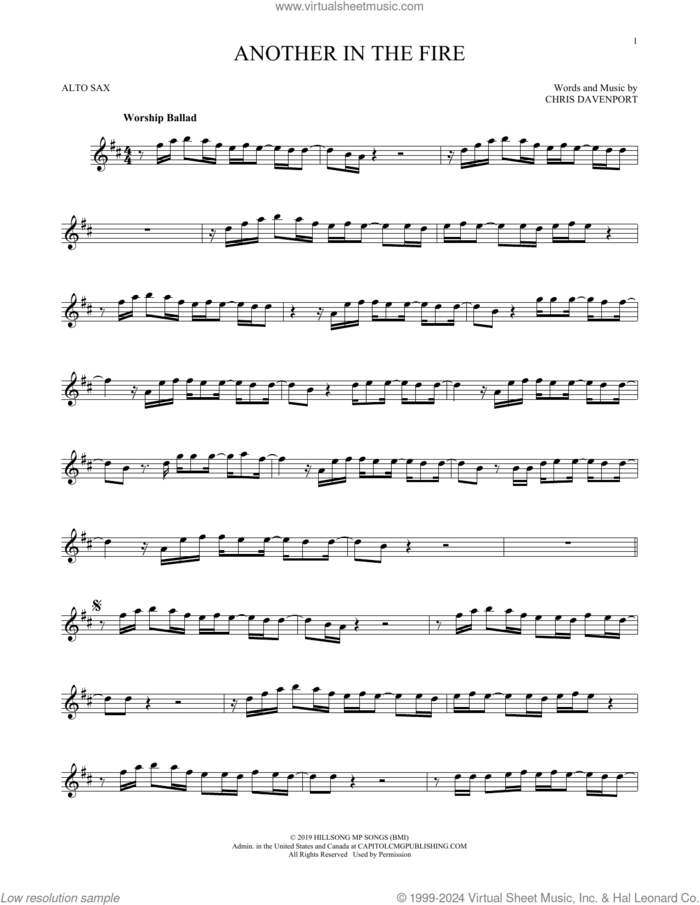 Another In The Fire sheet music for alto saxophone solo by Hillsong United and Chris Davenport, intermediate skill level