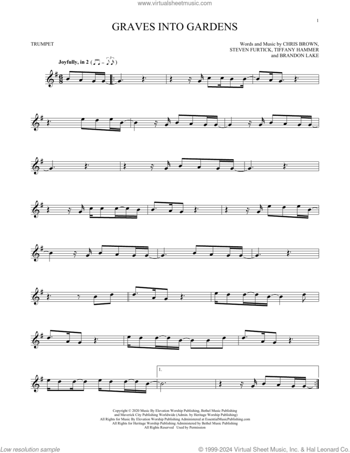 Graves Into Gardens sheet music for trumpet solo by Elevation Worship, Brandon Lake, Chris Brown, Steven Furtick and Tiffany Hammer, intermediate skill level