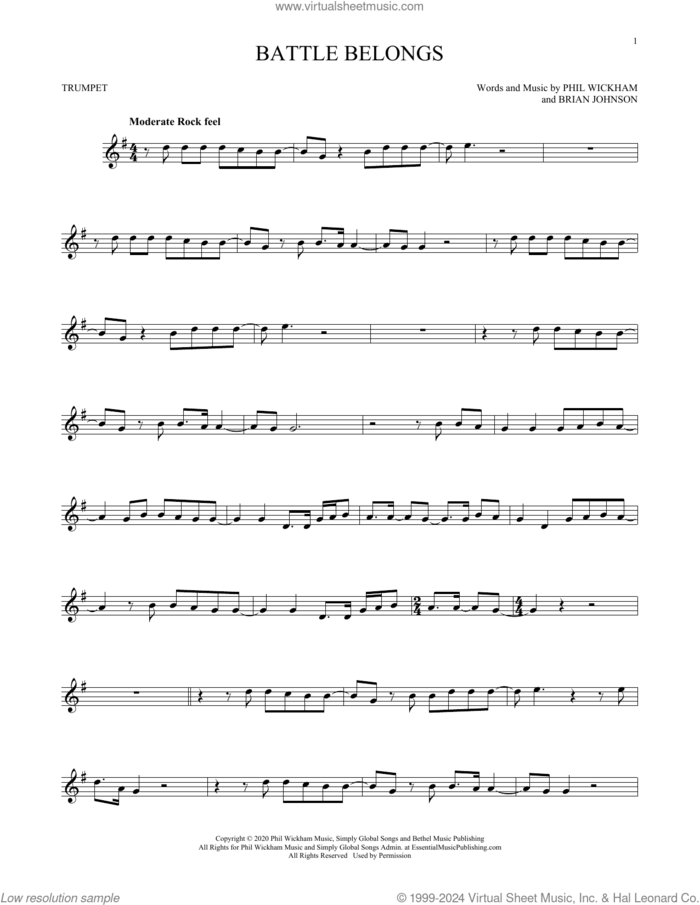 Battle Belongs sheet music for trumpet solo by Phil Wickham and Brian Johnson, intermediate skill level