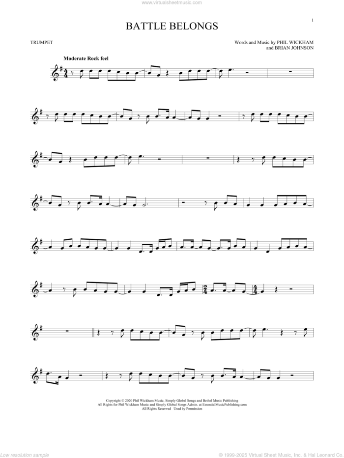 Battle Belongs sheet music for trumpet solo by Phil Wickham and Brian Johnson, intermediate skill level