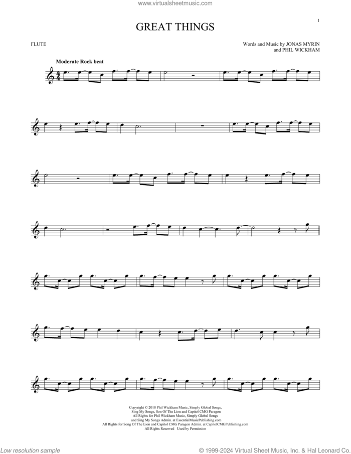Great Things sheet music for flute solo by Phil Wickham and Jonas Myrin, intermediate skill level