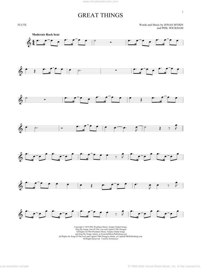 Great Things sheet music for flute solo by Phil Wickham and Jonas Myrin, intermediate skill level