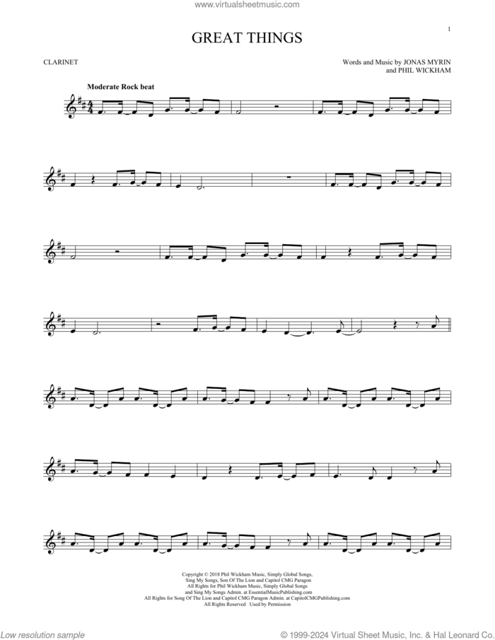 Great Things sheet music for clarinet solo by Phil Wickham and Jonas Myrin, intermediate skill level