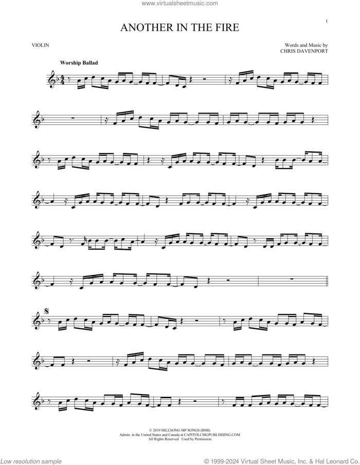 Another In The Fire sheet music for violin solo by Hillsong United and Chris Davenport, intermediate skill level