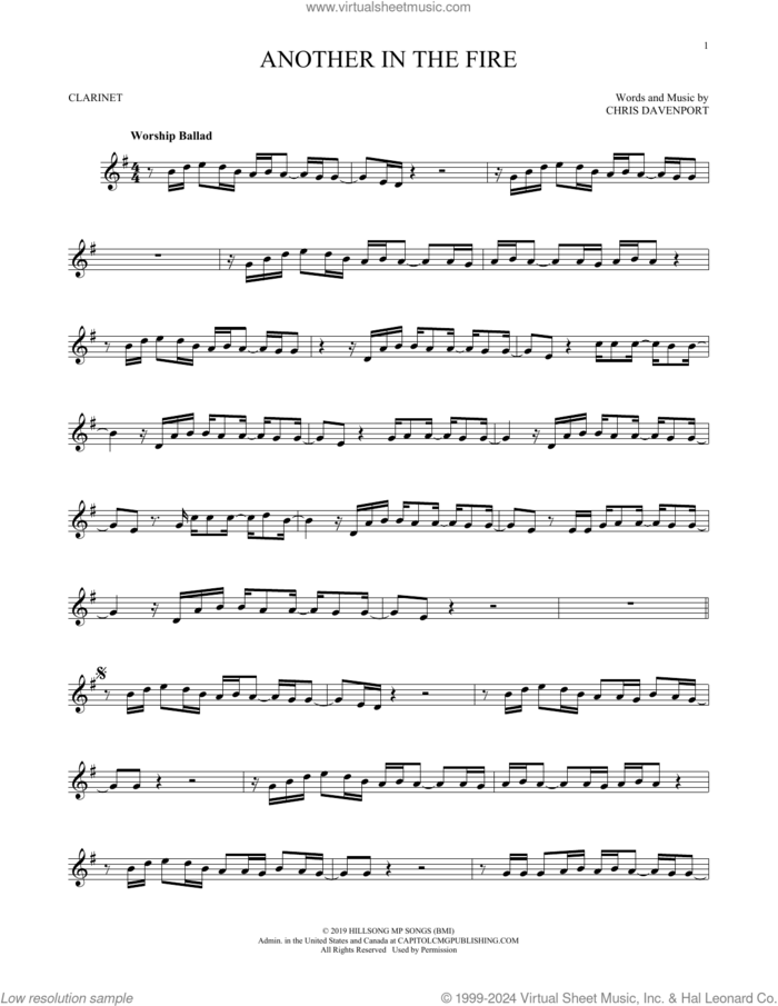 Another In The Fire sheet music for clarinet solo by Hillsong United and Chris Davenport, intermediate skill level