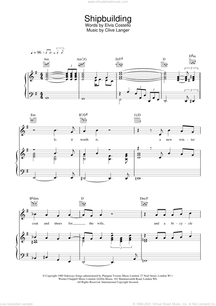 Shipbuilding sheet music for voice, piano or guitar by Elvis Costello, intermediate skill level