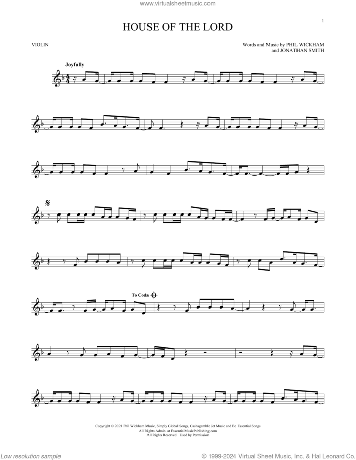 House Of The Lord sheet music for violin solo by Phil Wickham and Jonathan Smith, intermediate skill level